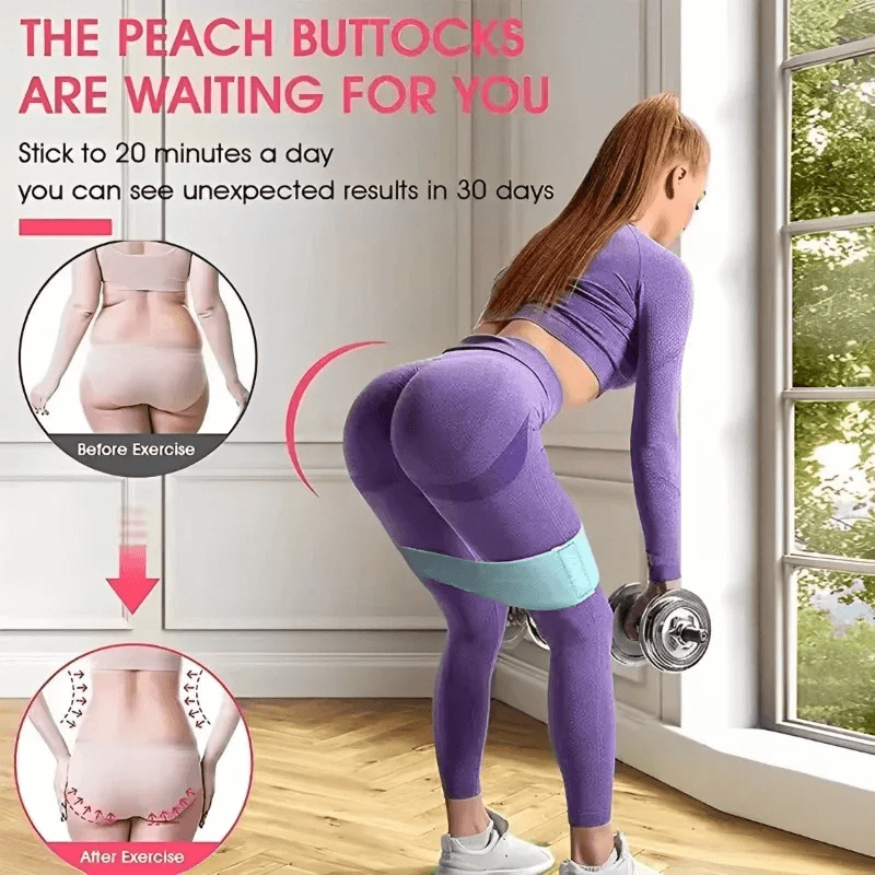 Woman using fabric resistance bands for glute training in a bright room with motivational text and before/after exercise images.